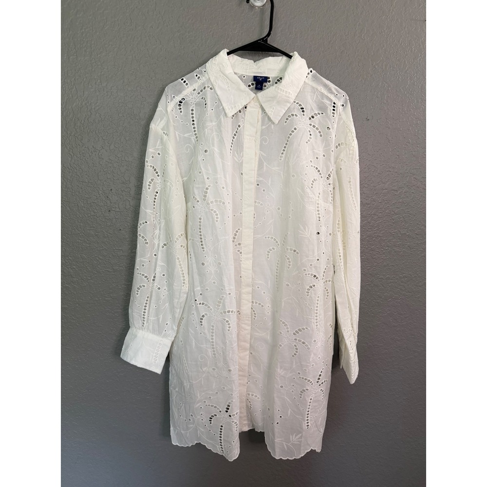 Roller Rabbit White Eyelet Palm Tree Shirt Dress Tunic Med Long Sleeve Slip - Picture 1 of 12